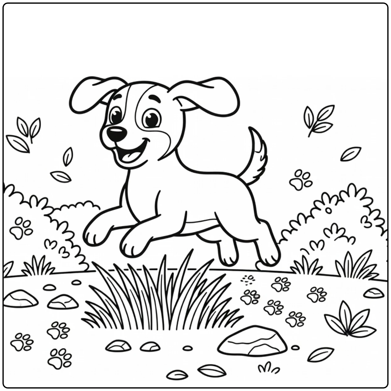 Hunting Dog coloring page: energetic pup jumps over grass, rocks in woods
