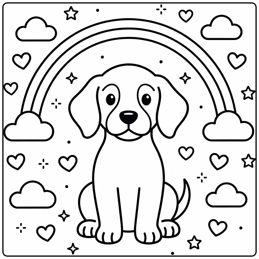Irish Setter coloring page: puppy under rainbow arch, hearts