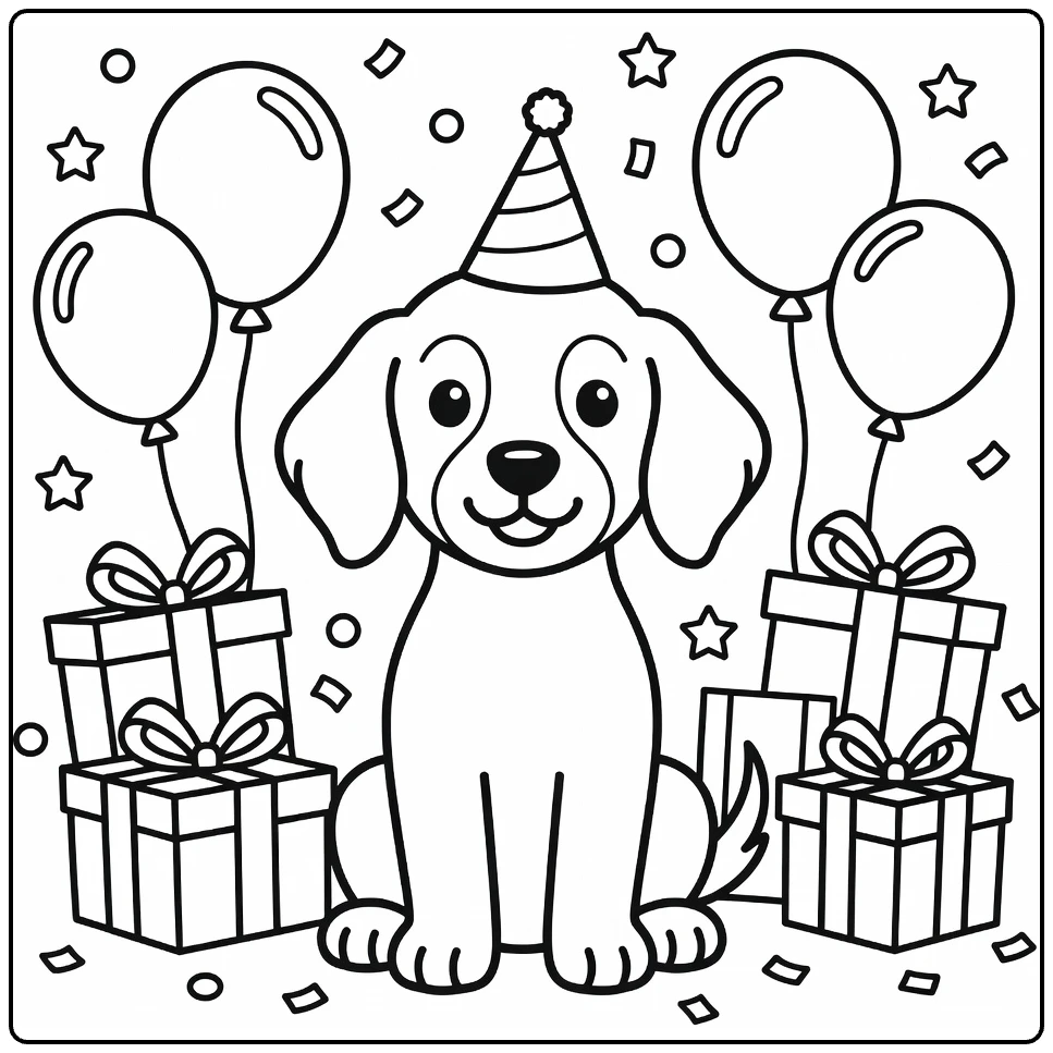 Irish Setter coloring page: puppy in party hat with balloons, gifts
