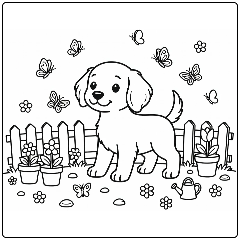 Irish Setter coloring page: puppy plays with butterflies by fence