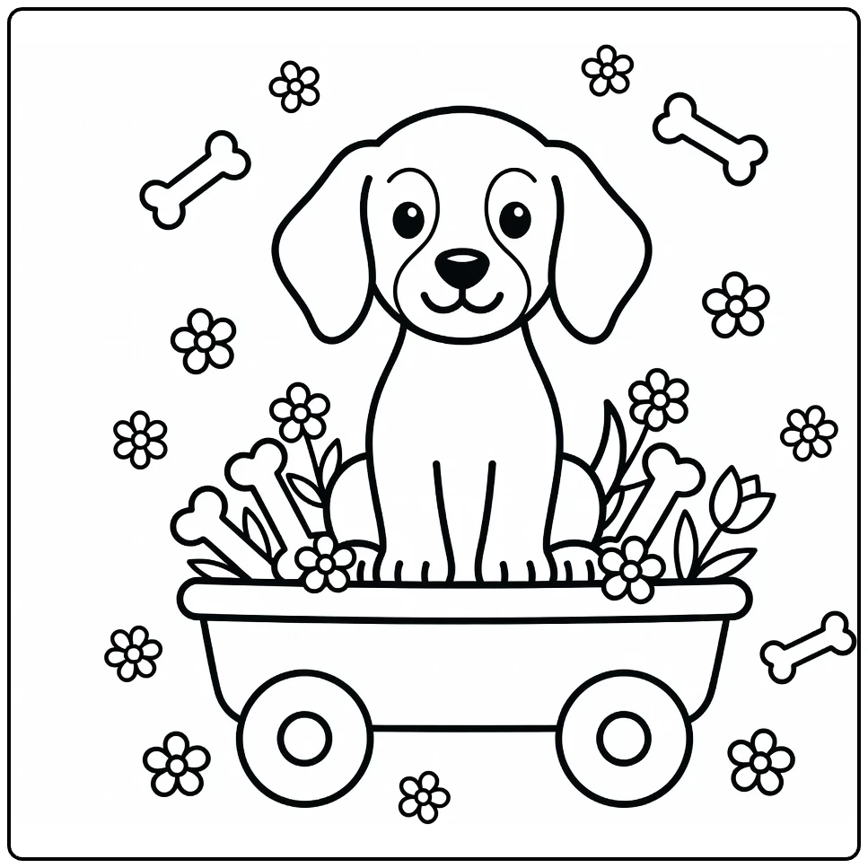 Irish Setter coloring page: puppy in toy wagon with bones
