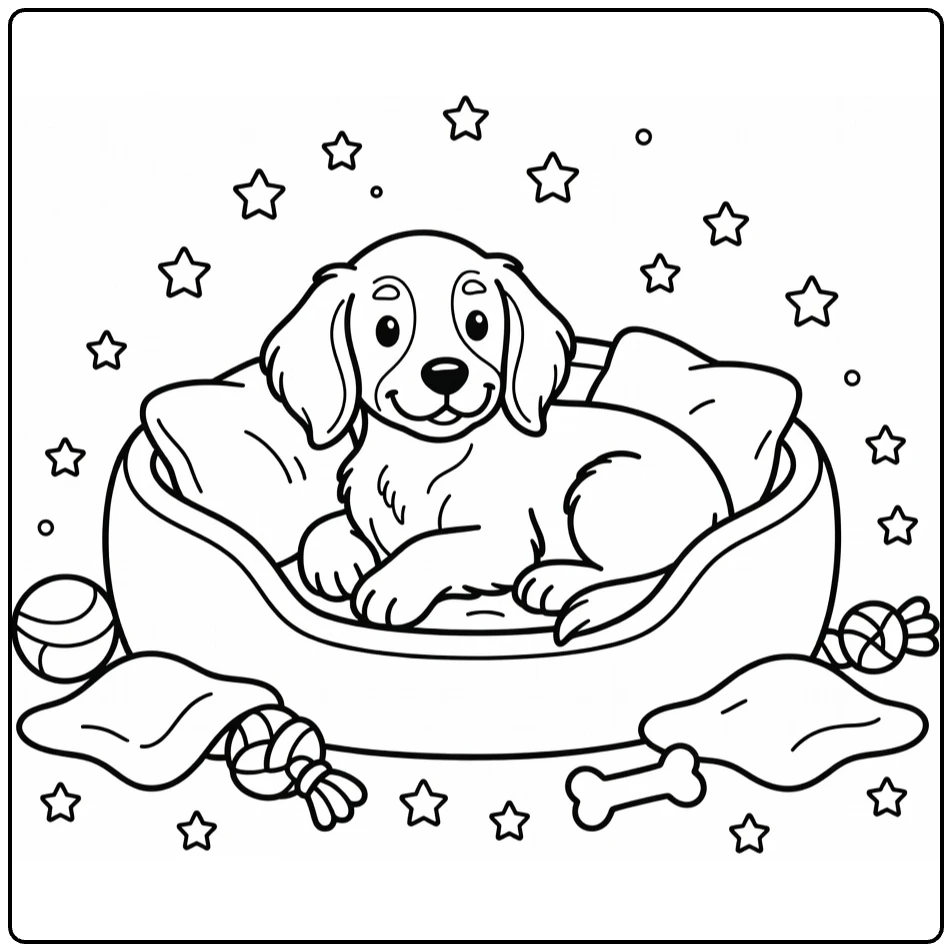 Irish Setter coloring page: puppy in cozy bed with toys, stars