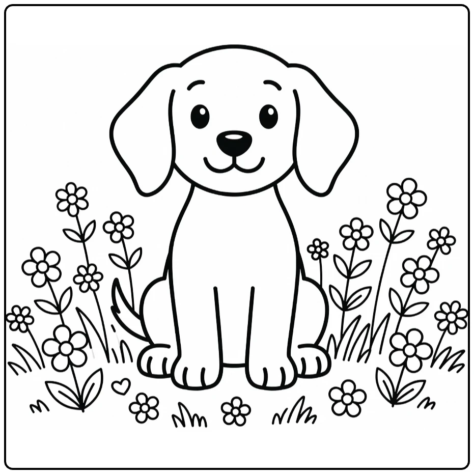 Irish Setter coloring page: happy puppy in flower meadow