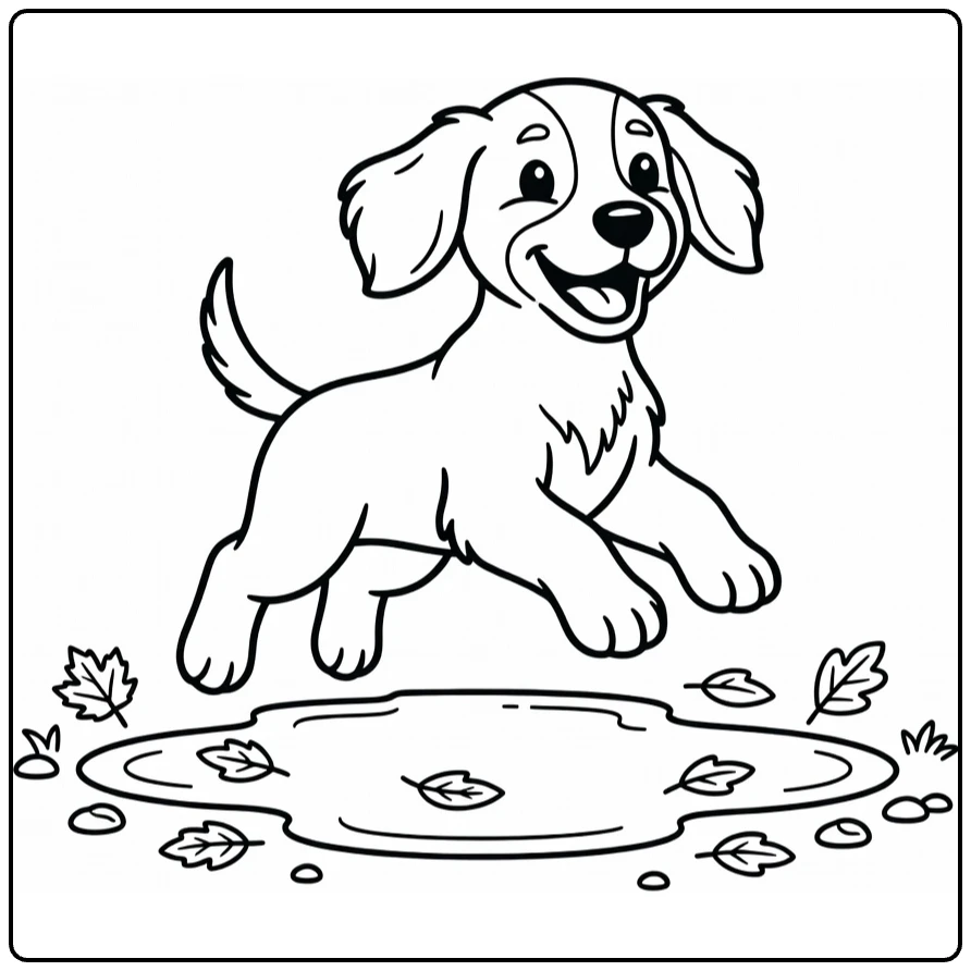 Irish Setter coloring page: puppy jumping over puddle with leaves