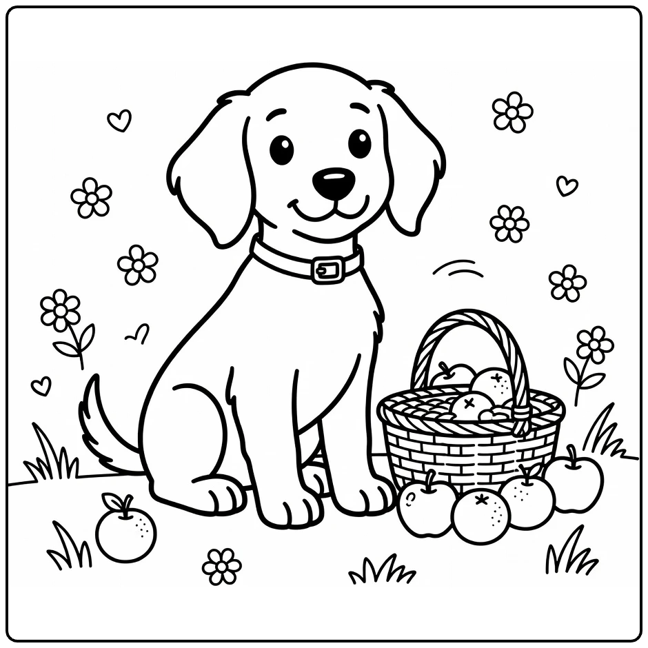 Irish Setter coloring page: puppy with collar by picnic fruits