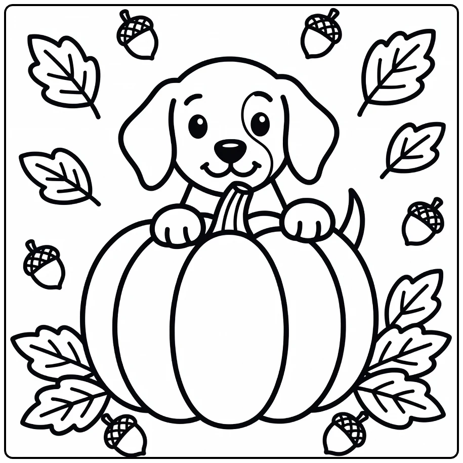 Irish Setter coloring page: puppy peeks behind pumpkin