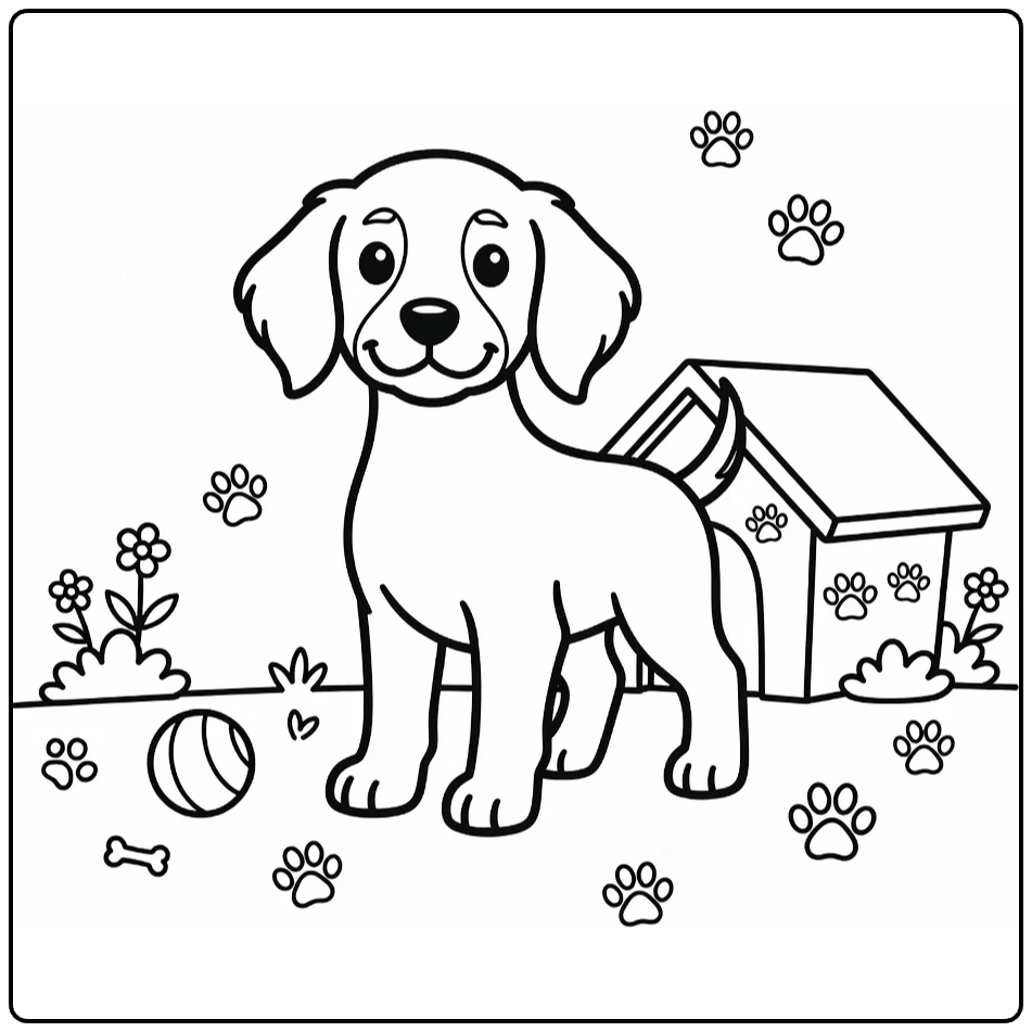 Irish Setter coloring page: proud puppy by doghouse, paw prints, ball