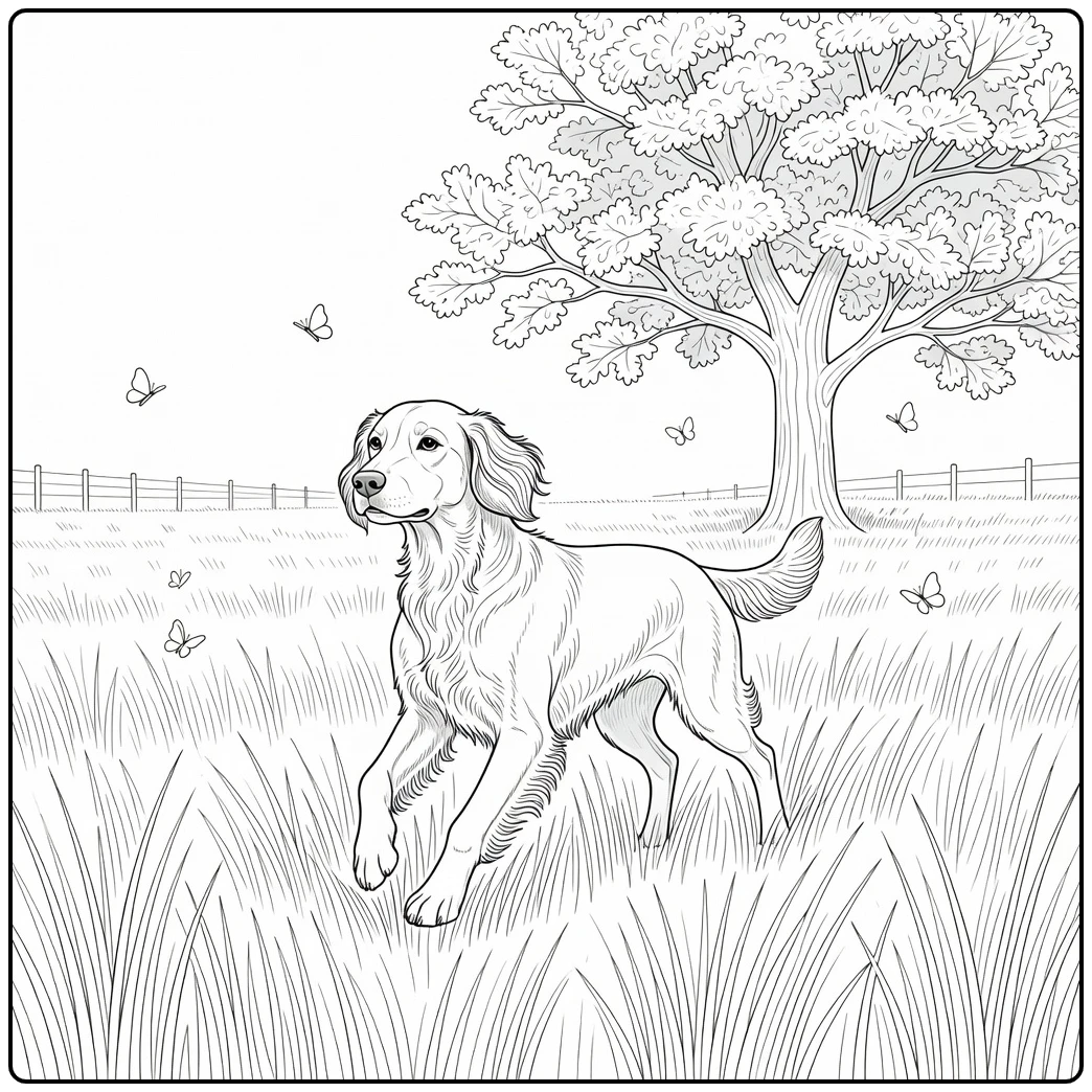 An Irish Setter runs in a field on this realistic dog coloring page.