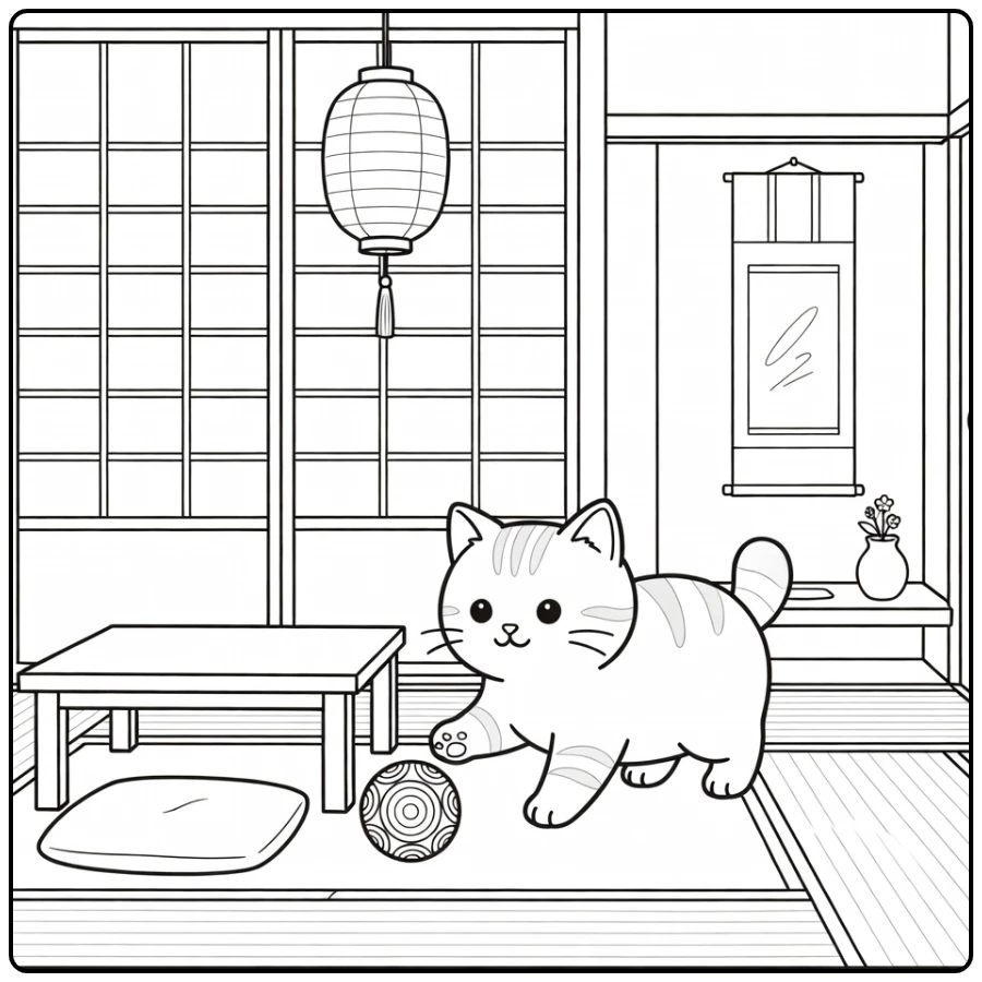 Japanese cat coloring pages: playful Bobtail paw at temari ball (58 chars)