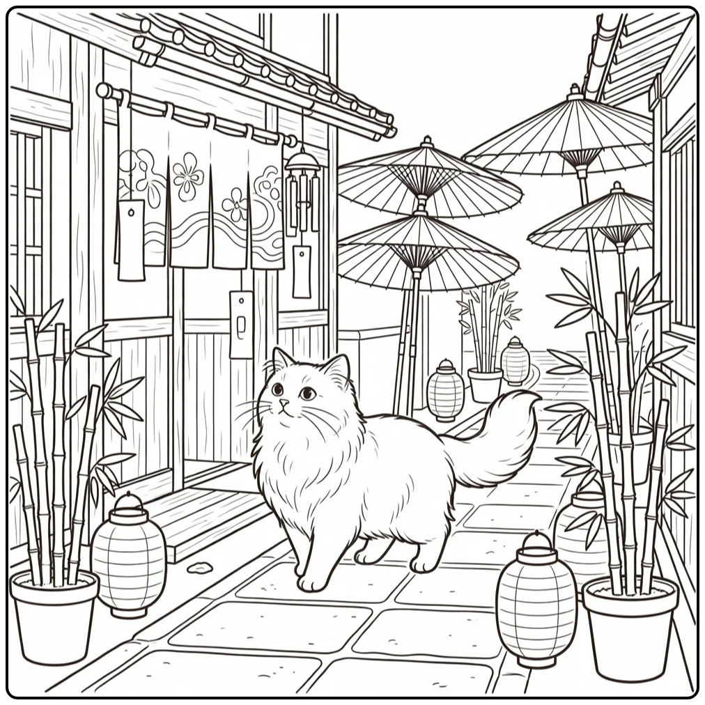 Japanese cat coloring pages: graceful cat sniffing wind chime on Kyoto path
