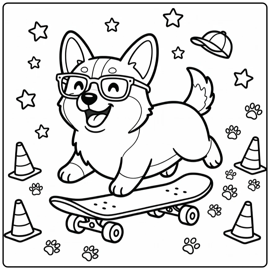 Dog with glasses coloring page: joyful corgi skateboarding
