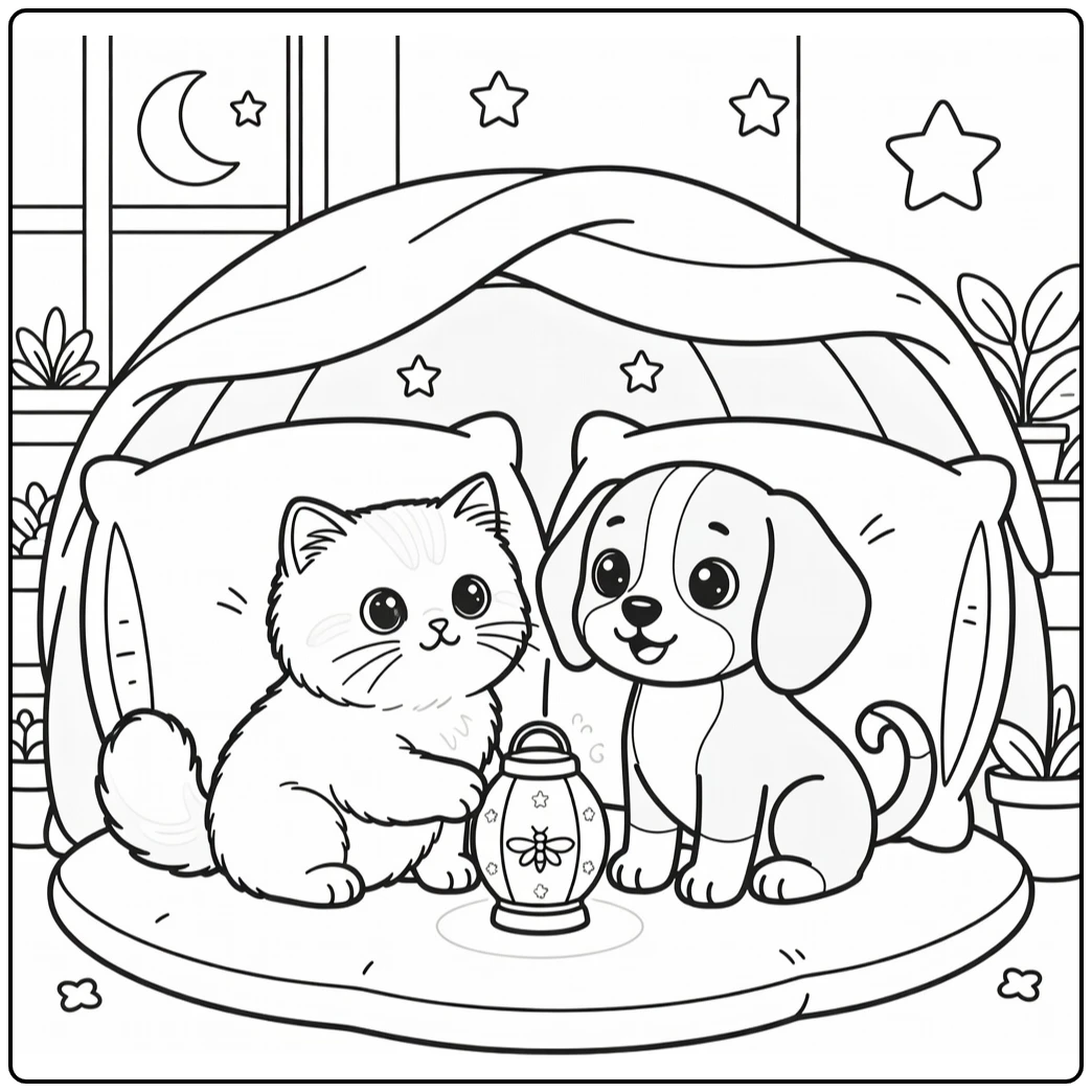 Kawaii cat and dog coloring pages: kitten & puppy in pillow fort