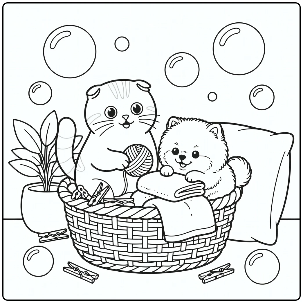 Kawaii cat and dog coloring pages: Scottish Fold & Pomeranian in basket