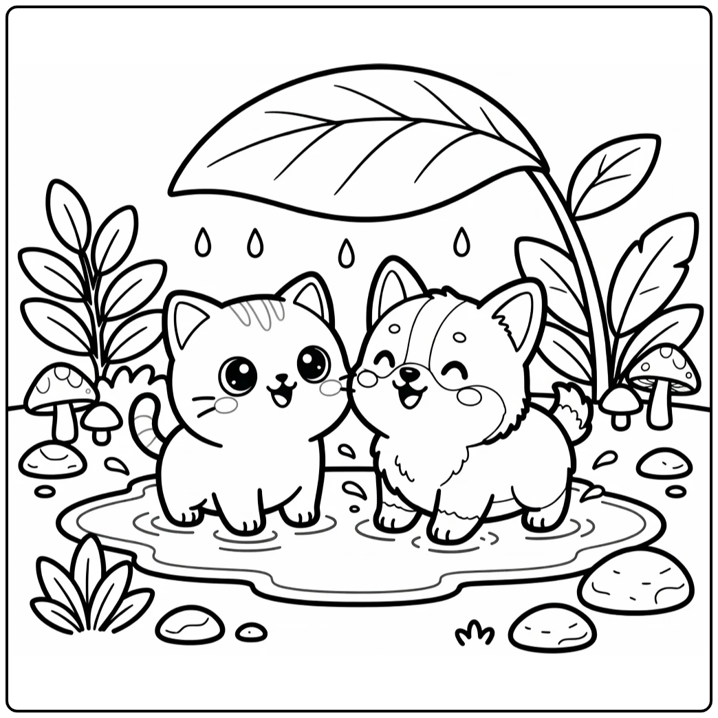 Kawaii cat and dog coloring pages: munchkin cat, corgi splashing in puddle