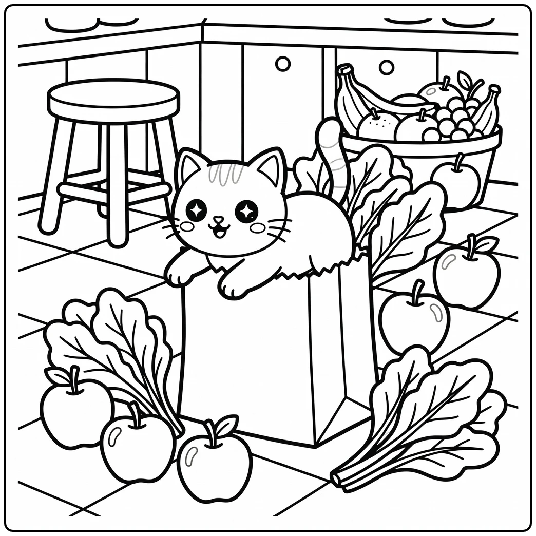 Kawaii cat coloring pages: cat tumbling from grocery bag with apples