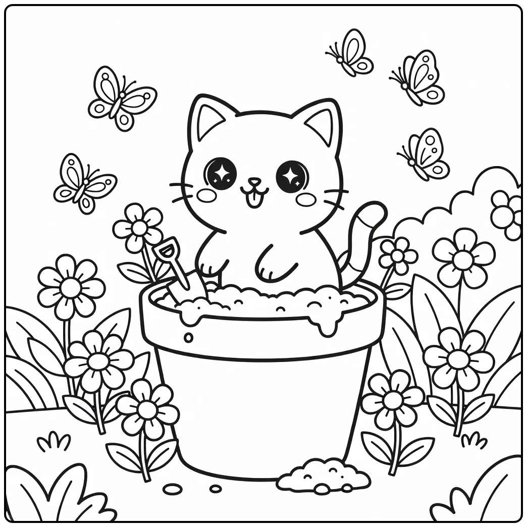 Kawaii cat coloring pages: cat pops from flowerpot in garden