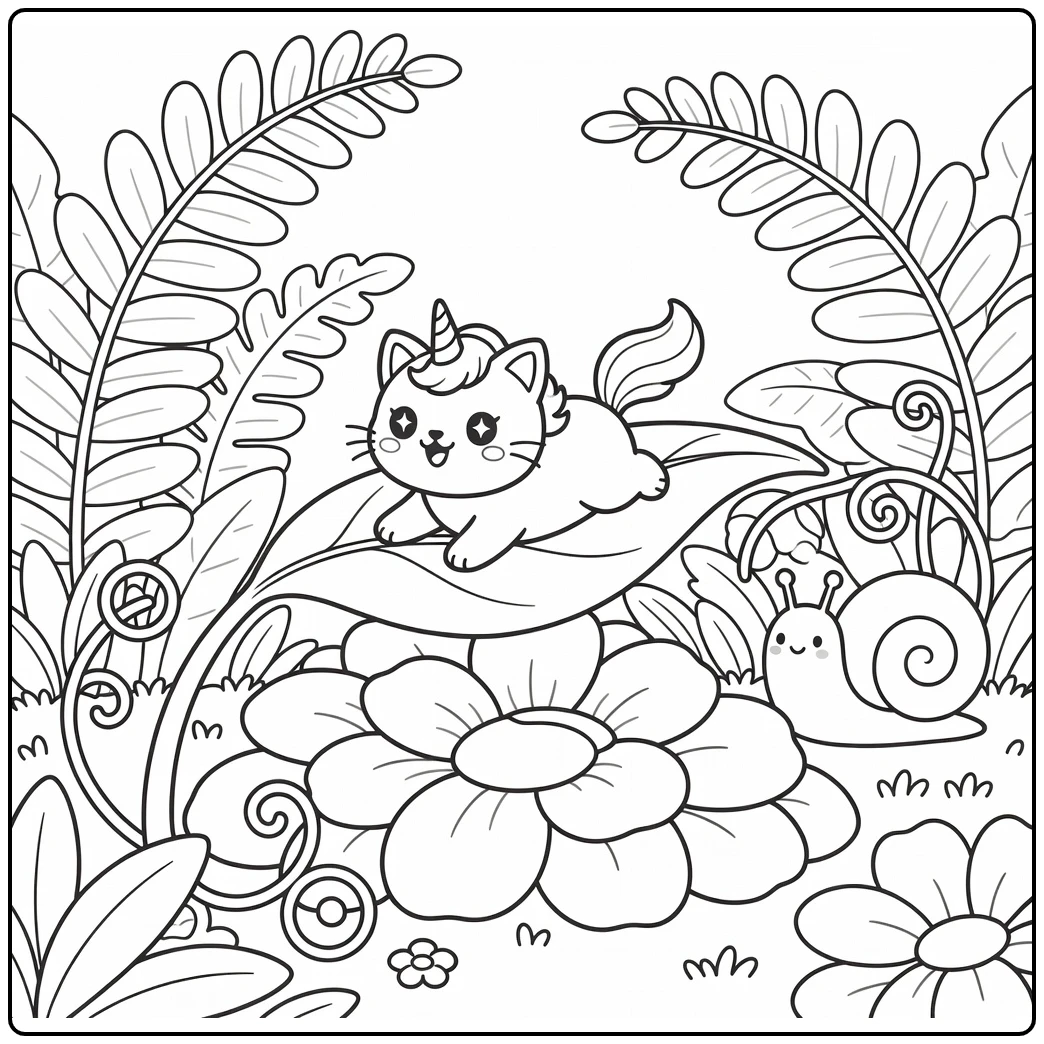 Kawaii cat unicorn coloring pages: sliding down curved leaf