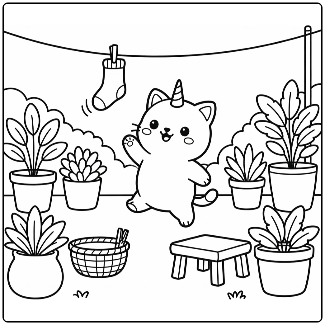 Kawaii cat unicorn coloring pages: batting fluttering sock