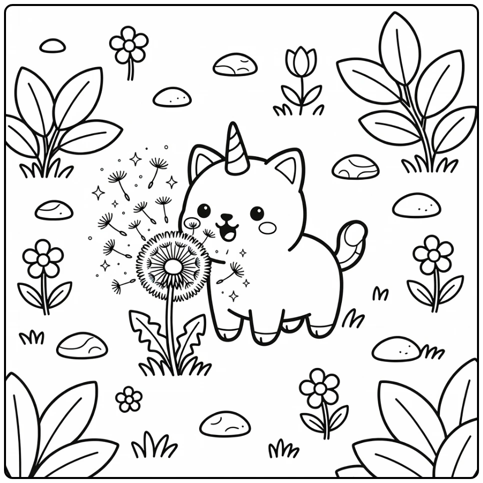 kawaii cat unicorn coloring pages: sneezing dandelion seeds