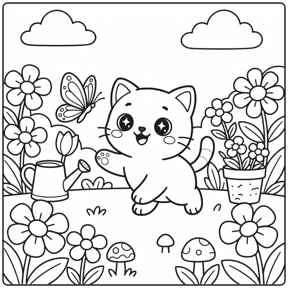 Kawaii kitten coloring pages: chasing butterfly in garden