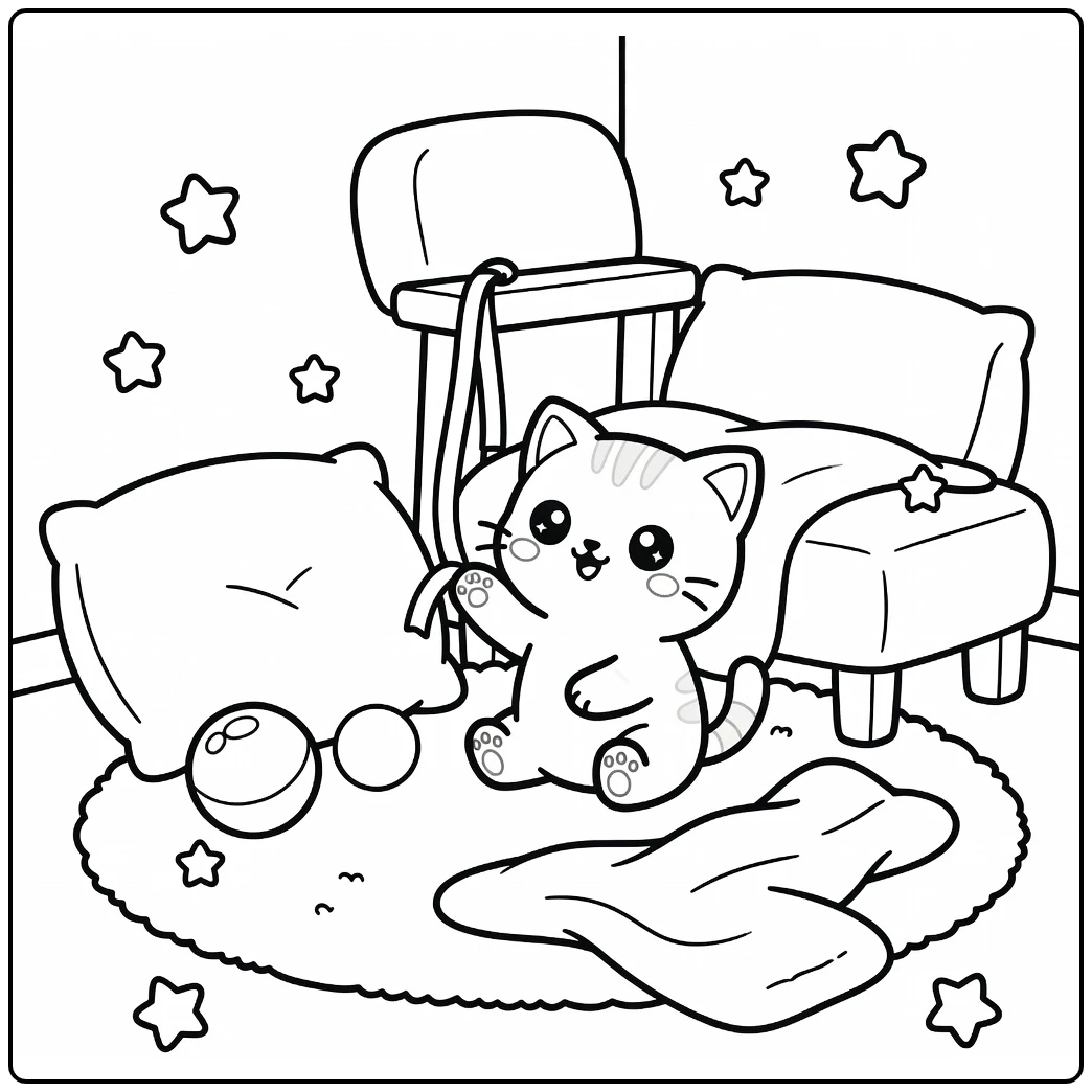 Kawaii kitten coloring pages: playful paw at dangling ribbon