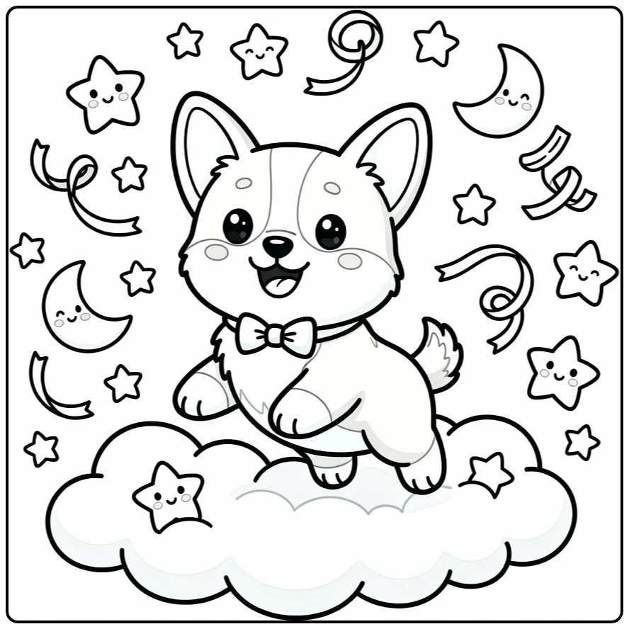 Kawaii Puppy Coloring Page: Corgi Jumping Clouds & Stars