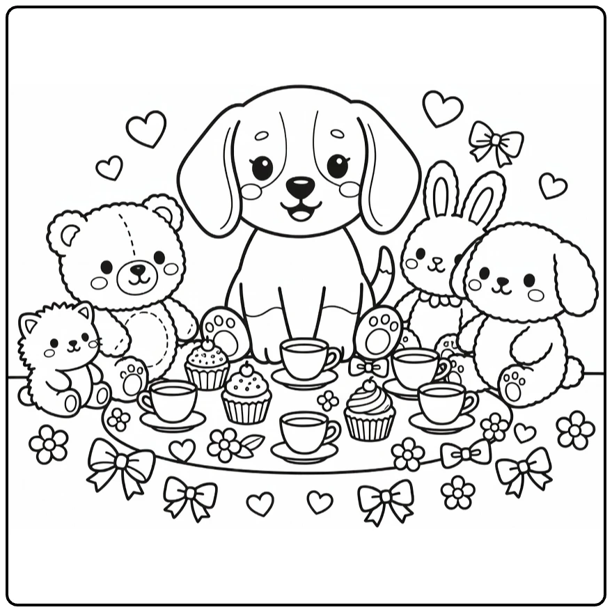 Kawaii Puppy Coloring Page: Beagle at Cute Tea Party