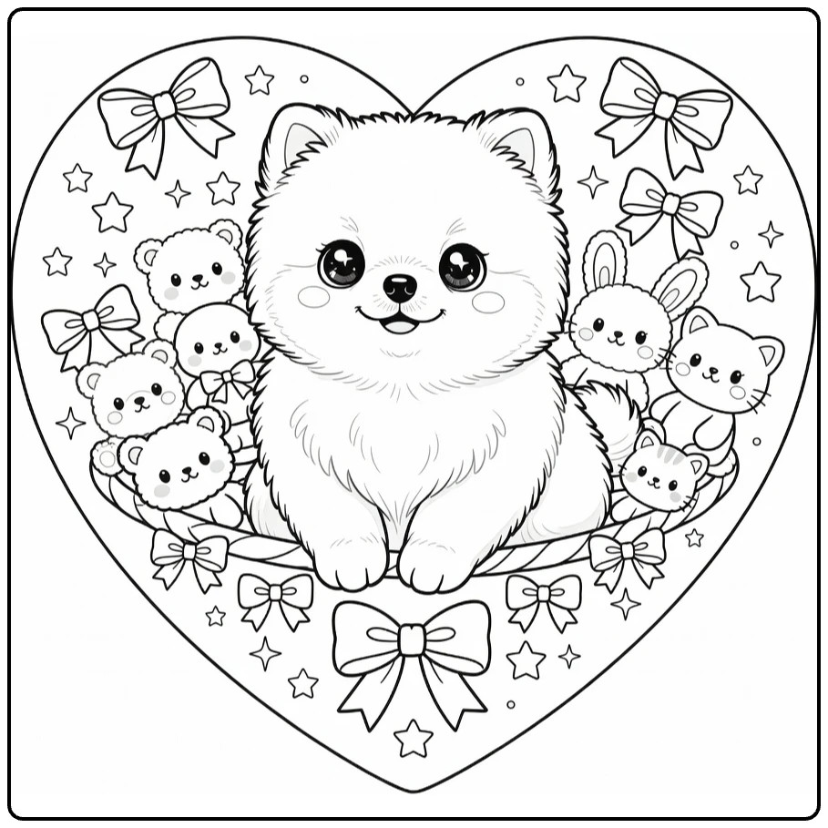 Kawaii Puppy Coloring Page: Fluffy Pomeranian in Heart Basket