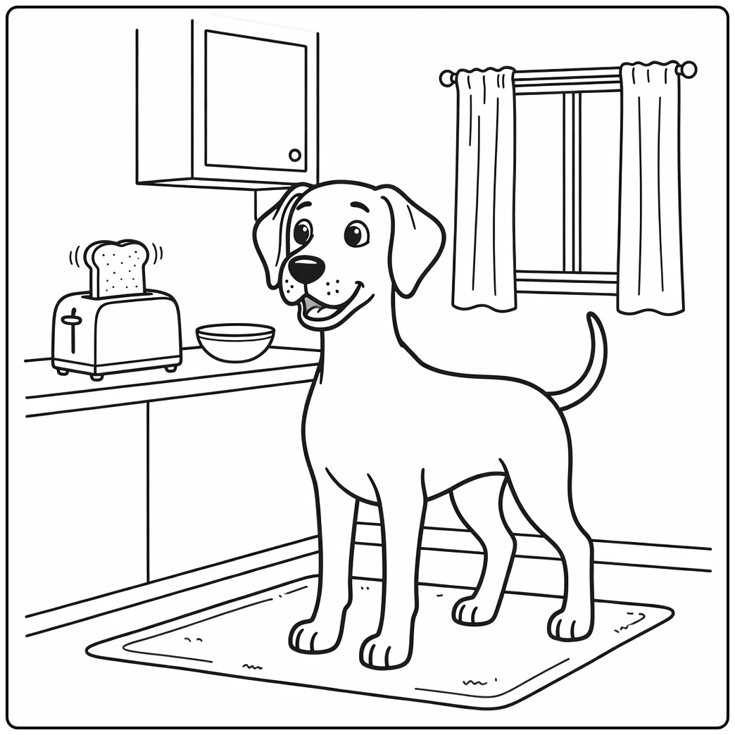 A surprised dog on a great dane coloring page watches toast.