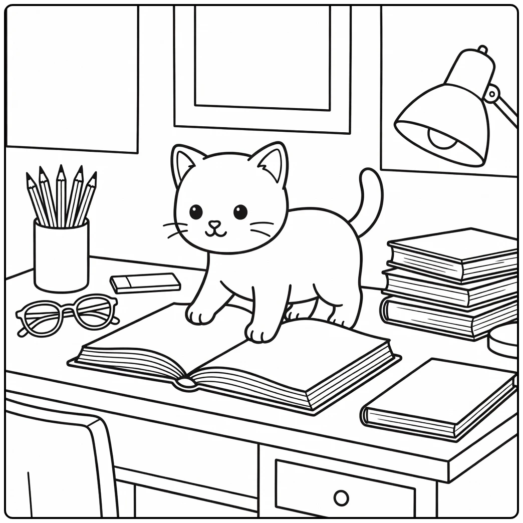 Cautious kitten on open book kitten coloring pages