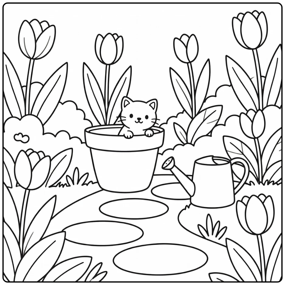 Tiny kitten peeks behind flowerpot in garden - kitten coloring pages