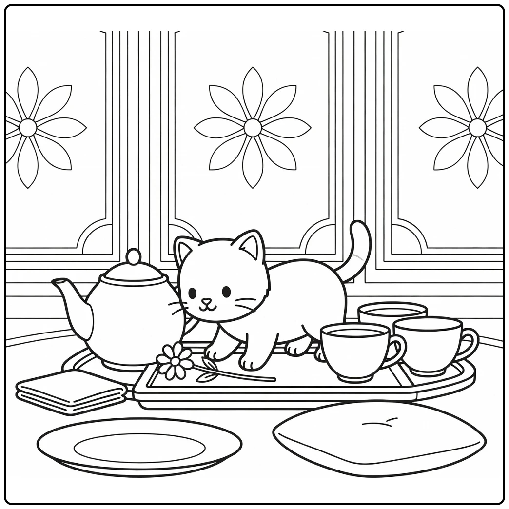 Kitten coloring pages for adults: calm kitten on tea tray sniffing flower