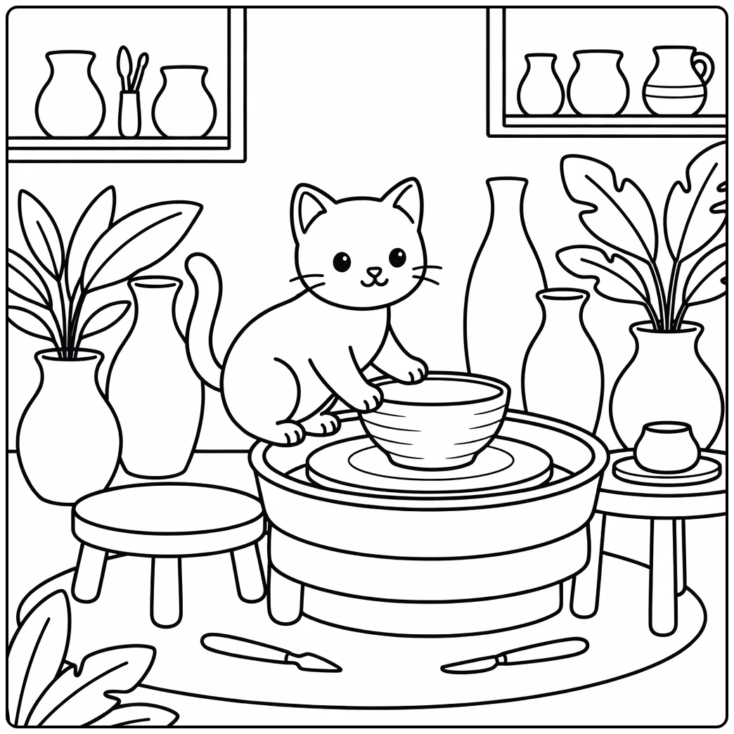 Kitten coloring pages for adults: graceful kitten on pottery wheel