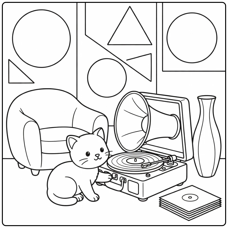 Kitten coloring pages for adults: curious kitty paws at vintage record