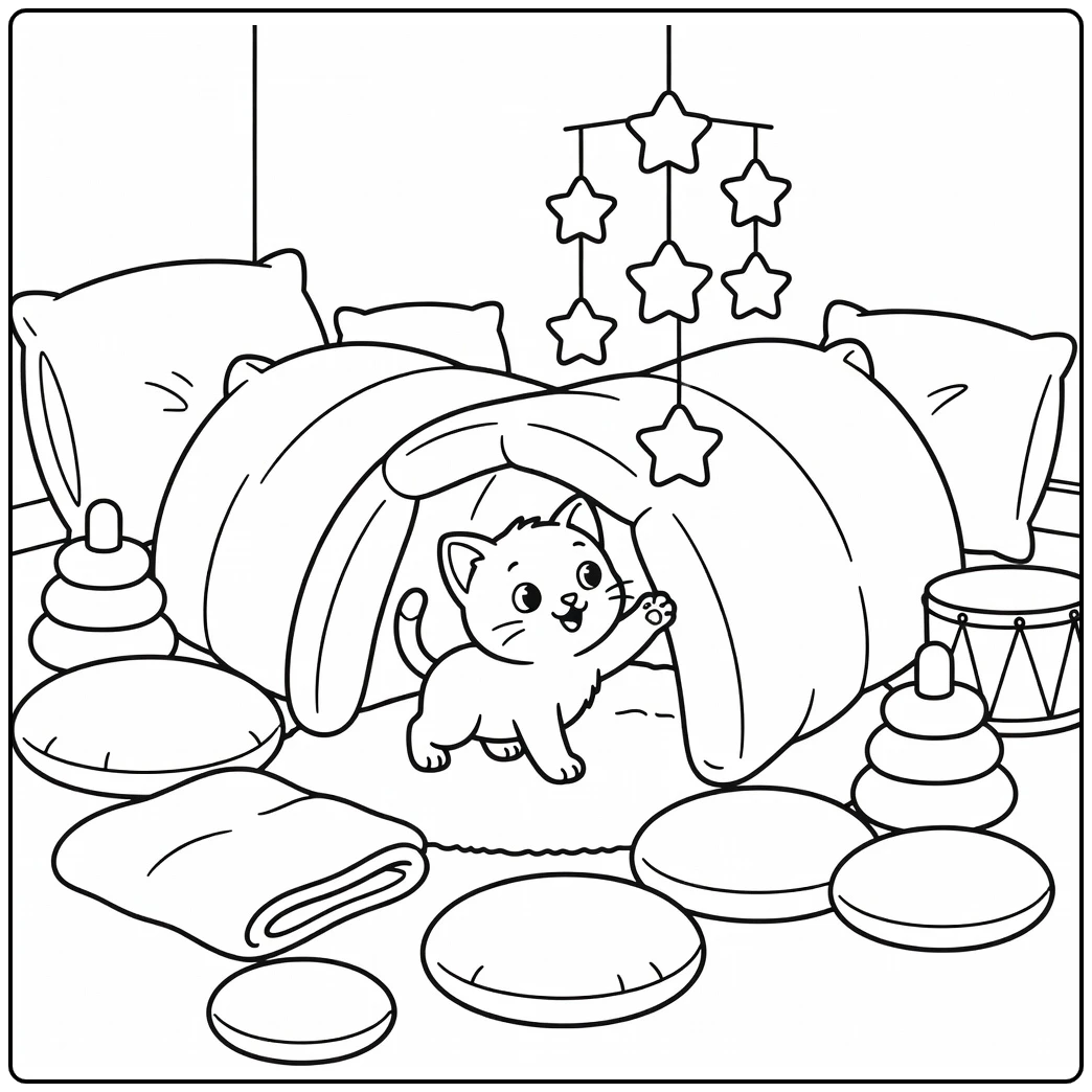 Kitten coloring pages for kids: curious kitten in pillow fort