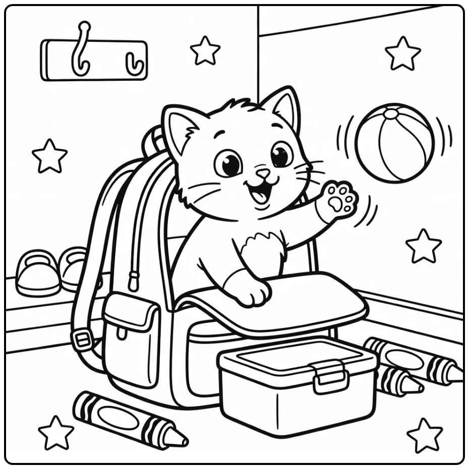 Kitten coloring pages for kids: excited kitty peeking from backpack