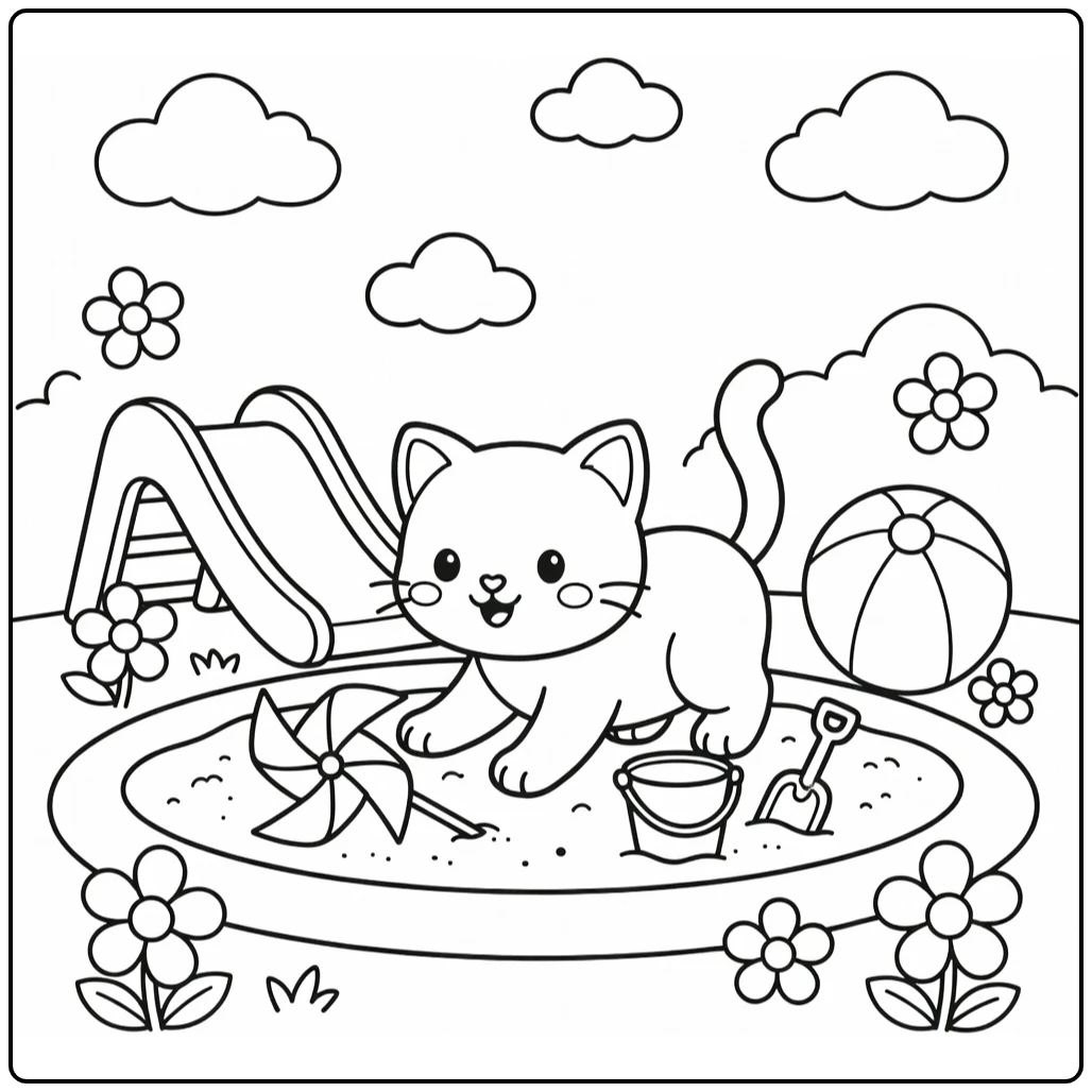 Kitten coloring pages for kids: playful kitten in sandbox