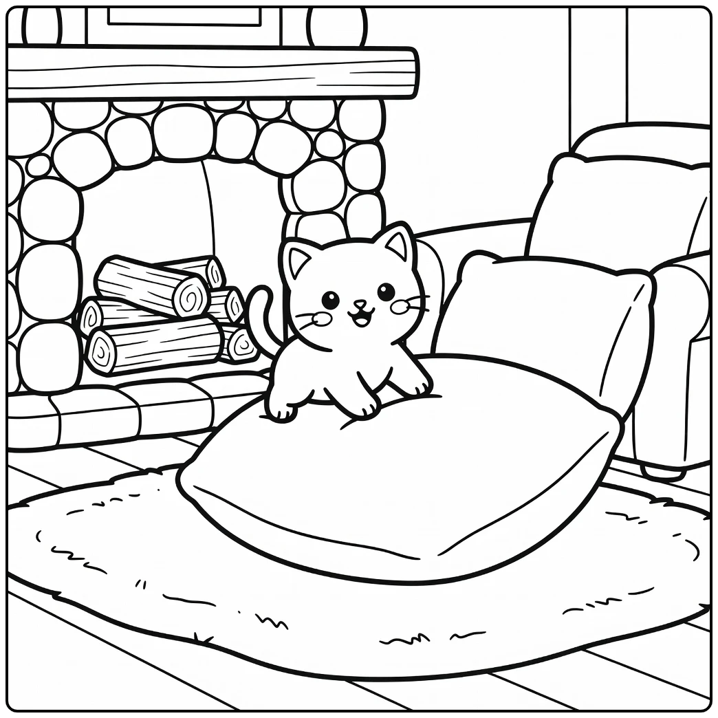 Cheerful kitten on cushion by fireplace, kitten coloring pages