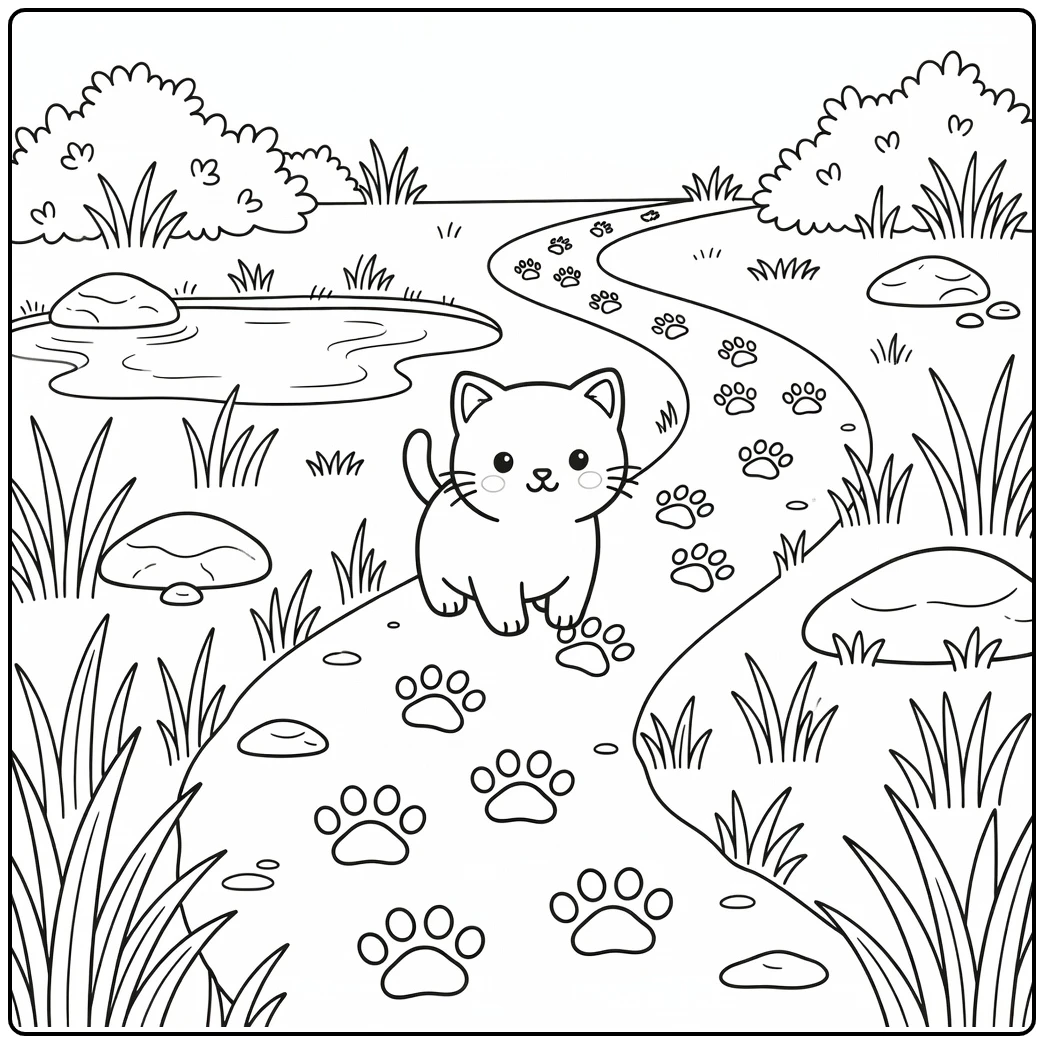Cute kitten follows big paw prints on mud path, kitten coloring pages