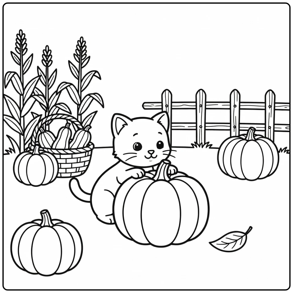 Kitten coloring pages: hiding behind pumpkin eyeing leaf