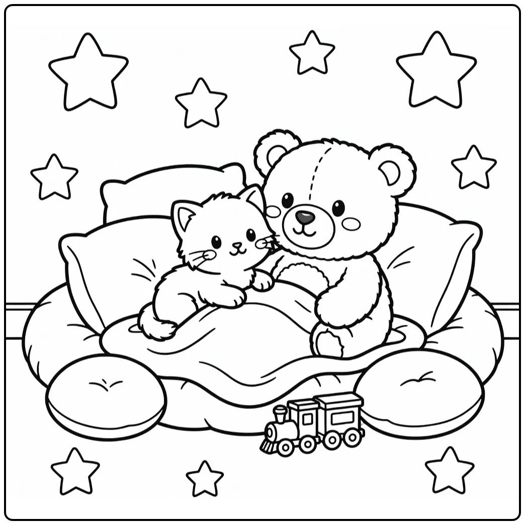 Cute kitten snuggling teddy bear nursery - kitten coloring pages (58 chars)