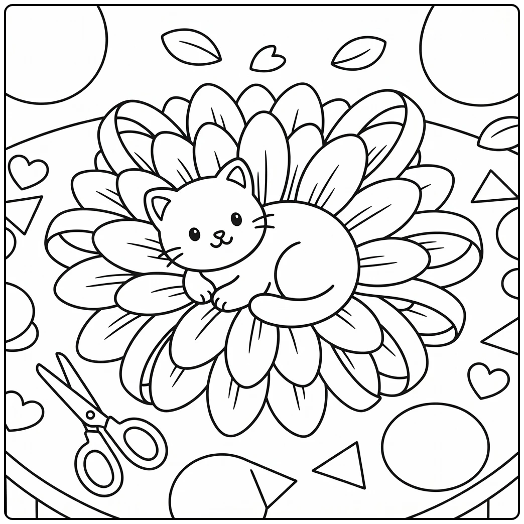 Cute kitten in flower wreath on craft table, kitten coloring pages