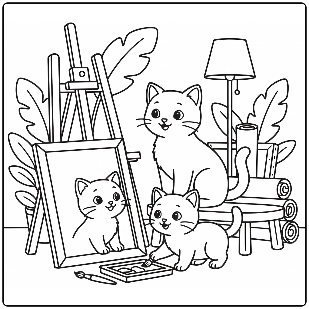 Kitten family coloring pages: cats in art studio corner