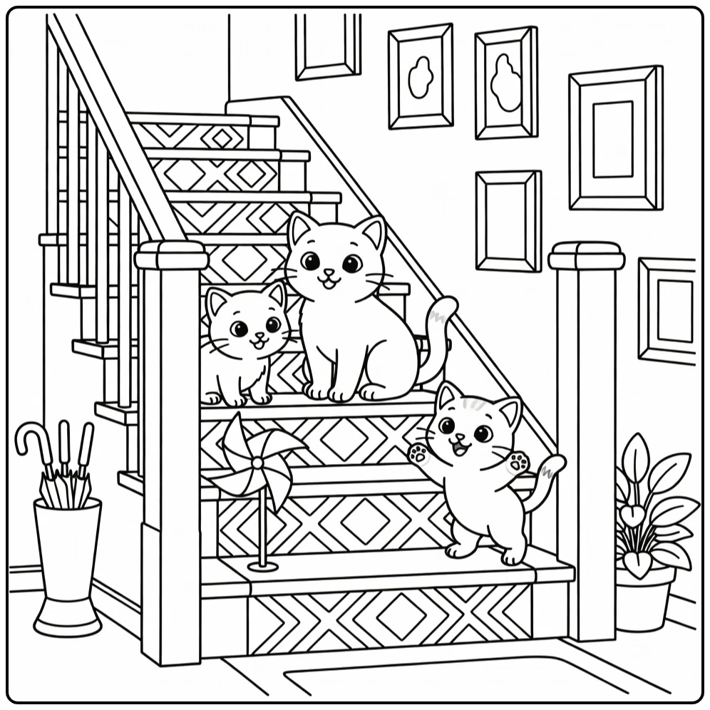 Kitten family coloring pages: cats on stairs peeking at pinwheel