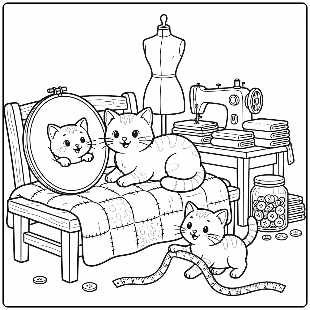 Kitten family coloring pages: cats in cozy sewing room