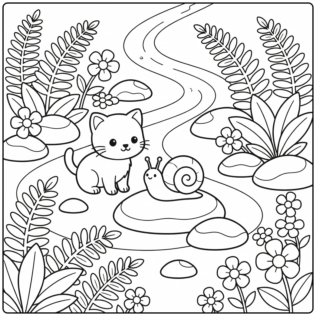 Cute kitten watches snail on garden stone - kitten coloring pages