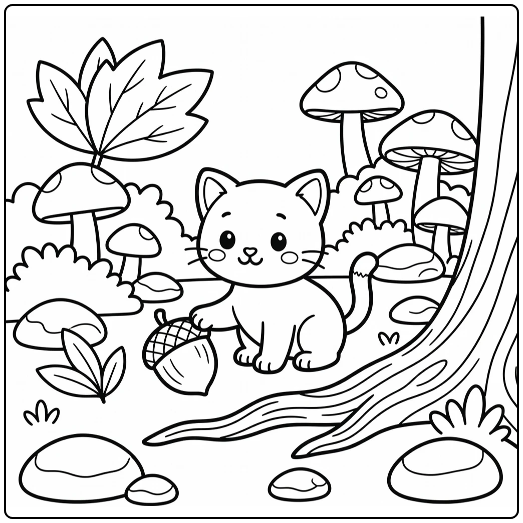 Cute kitten paws rolling acorn by tree root, kitten coloring pages