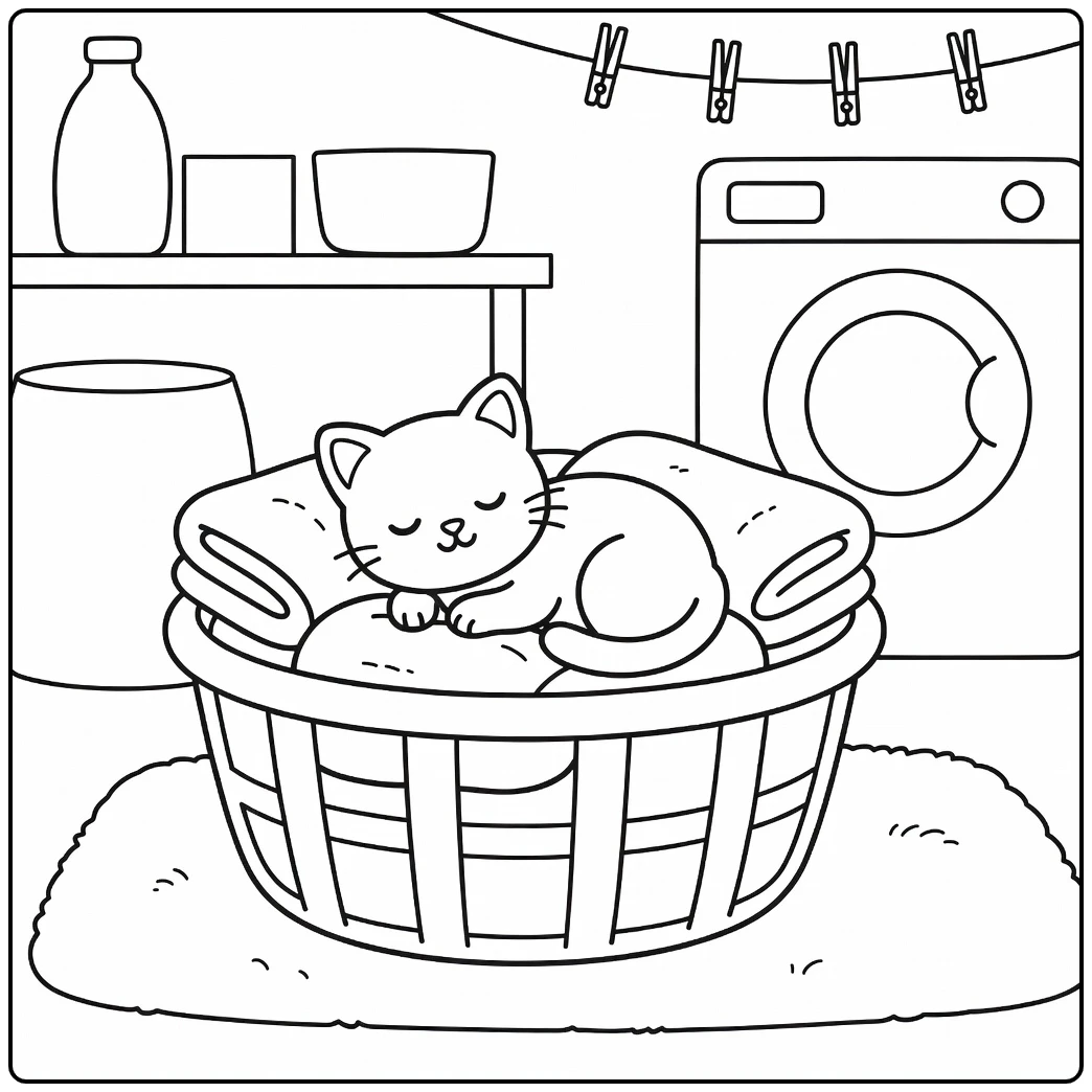 Calm kitten napping in towel-filled laundry basket, kitten coloring pages