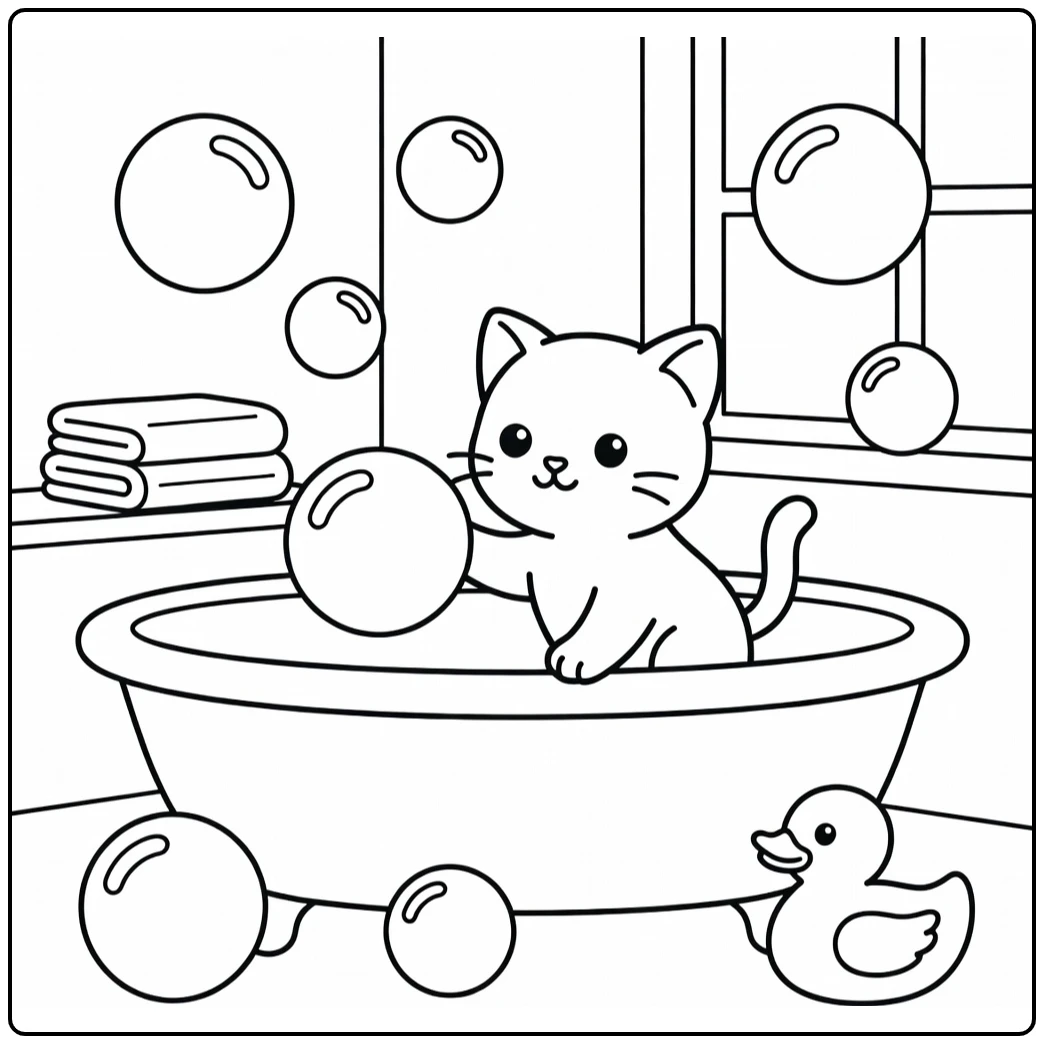 Curious kitten taps soap bubble - kitten coloring pages