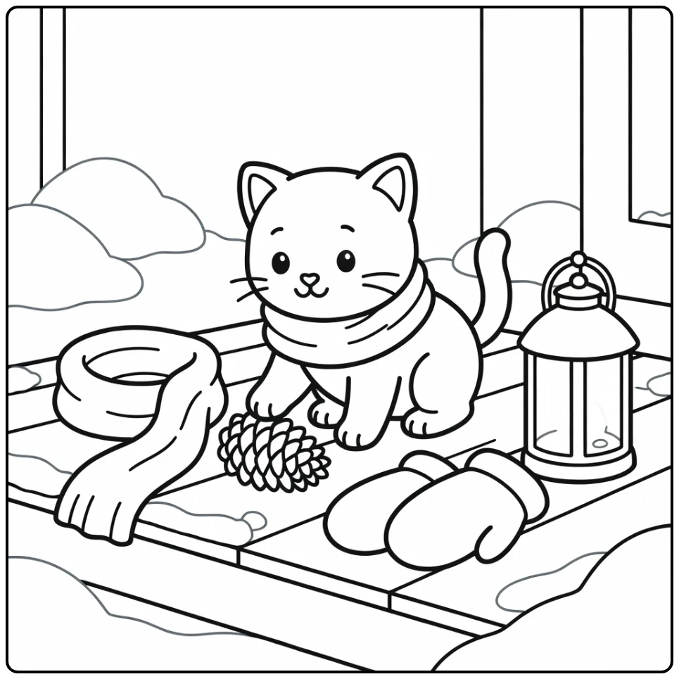 Cute kitten paws pinecone on snowy porch, kitten coloring pages